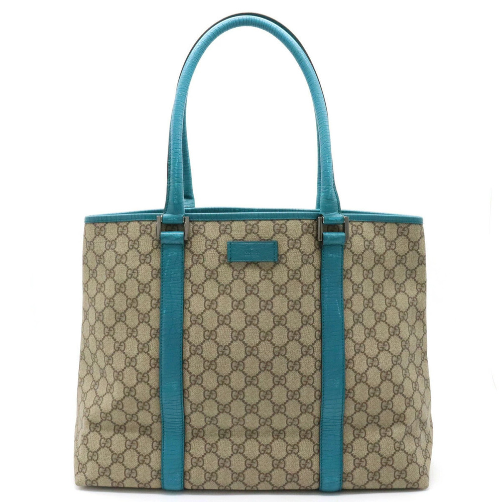 Gucci GG Supreme Plus Tote Bag Shoulder Leather Beige Cream Turquoise Blue
